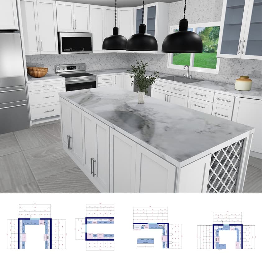 Modern white shaker cabinet kitchen remodel featuring a large center island with marble-veined countertops, stainless steel appliances including a range and microwave, black industrial pendant lights, glass-front upper cabinets, a wine rack built into the island base, and gray wood-look tile flooring with floor plan layouts shown below, completed in Raritan, New Jersey