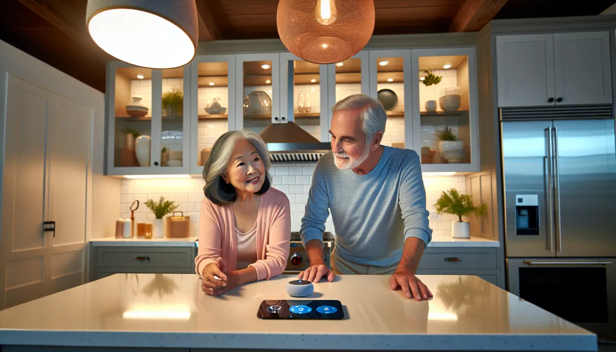 Elderly couple using voice control for smart home features in a modern kitchen