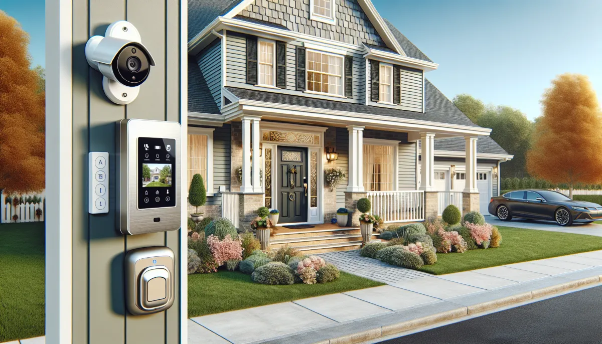 Smart home security setup with video doorbell, smart lock, and security camera on a colonial NJ home