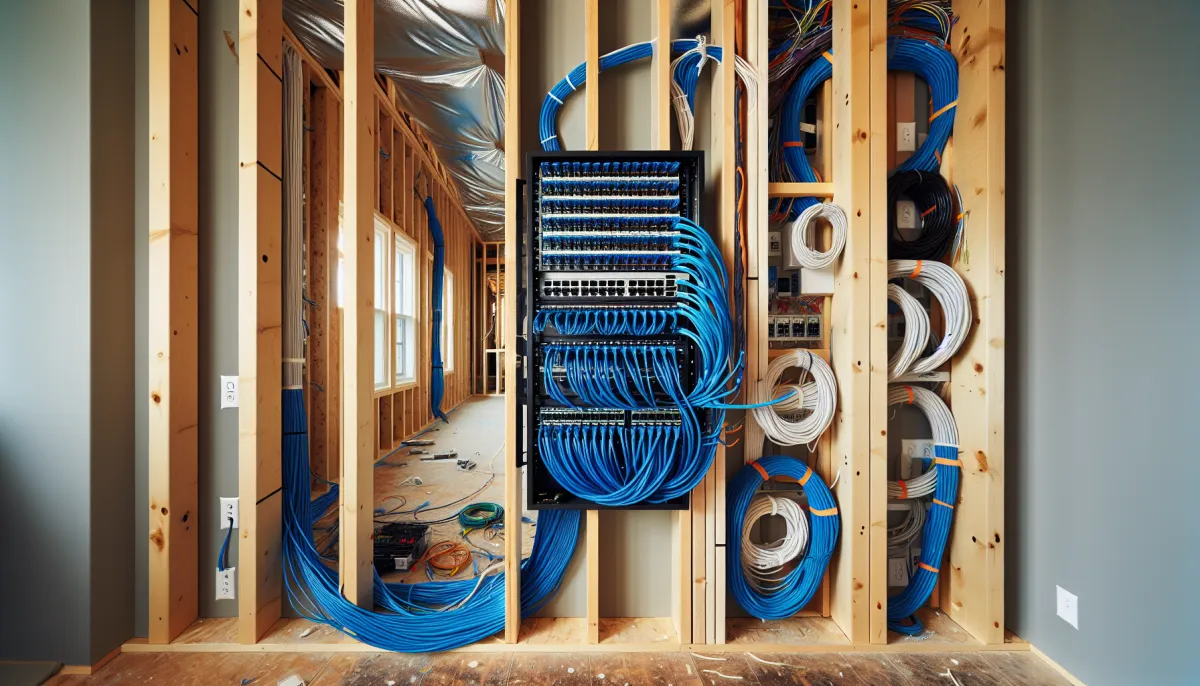 Structured wiring and Cat6A cables organized in open wall studs during home renovation